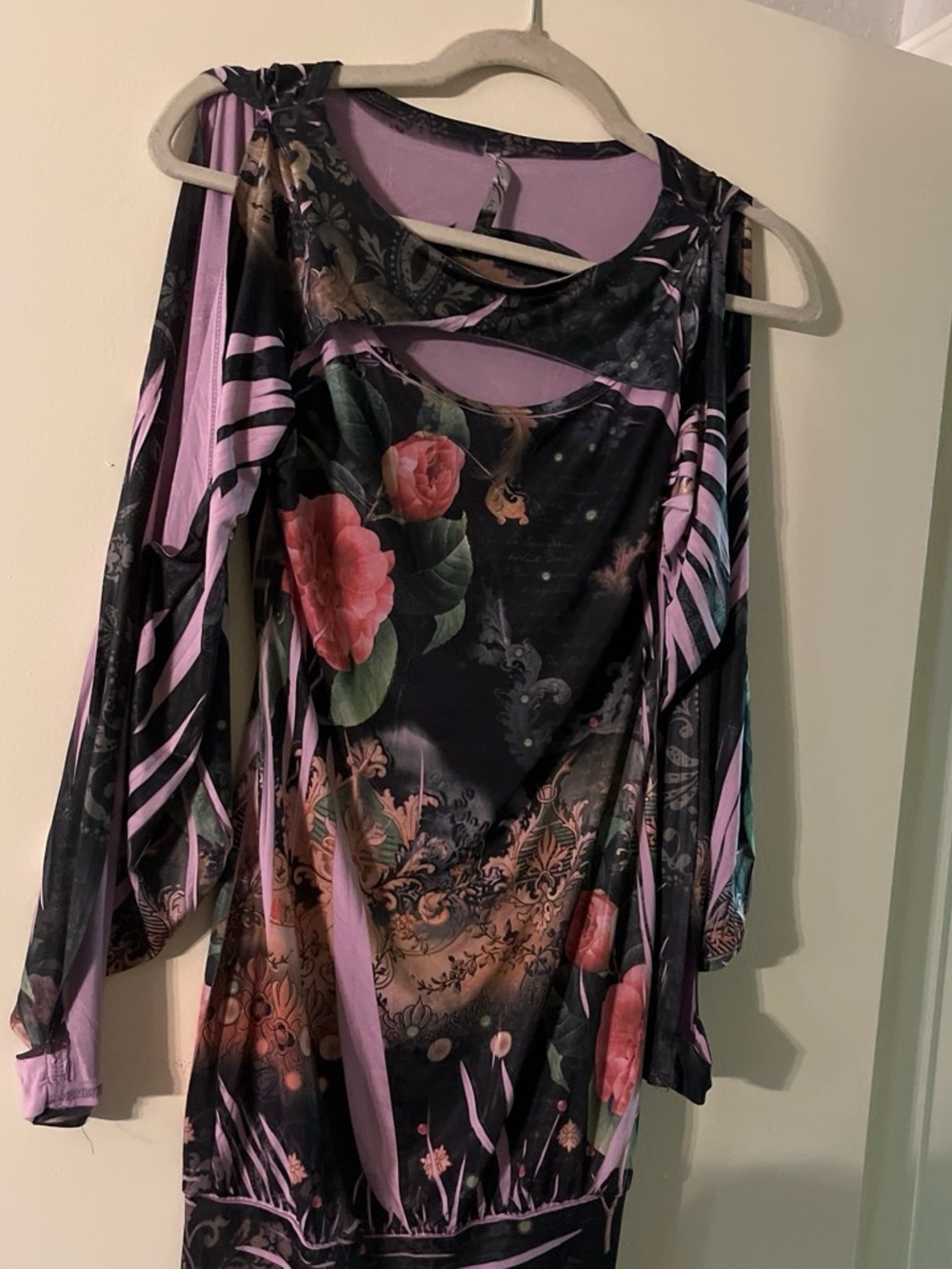 Floral Cutout Long Sleeve Dress - Pink & Black